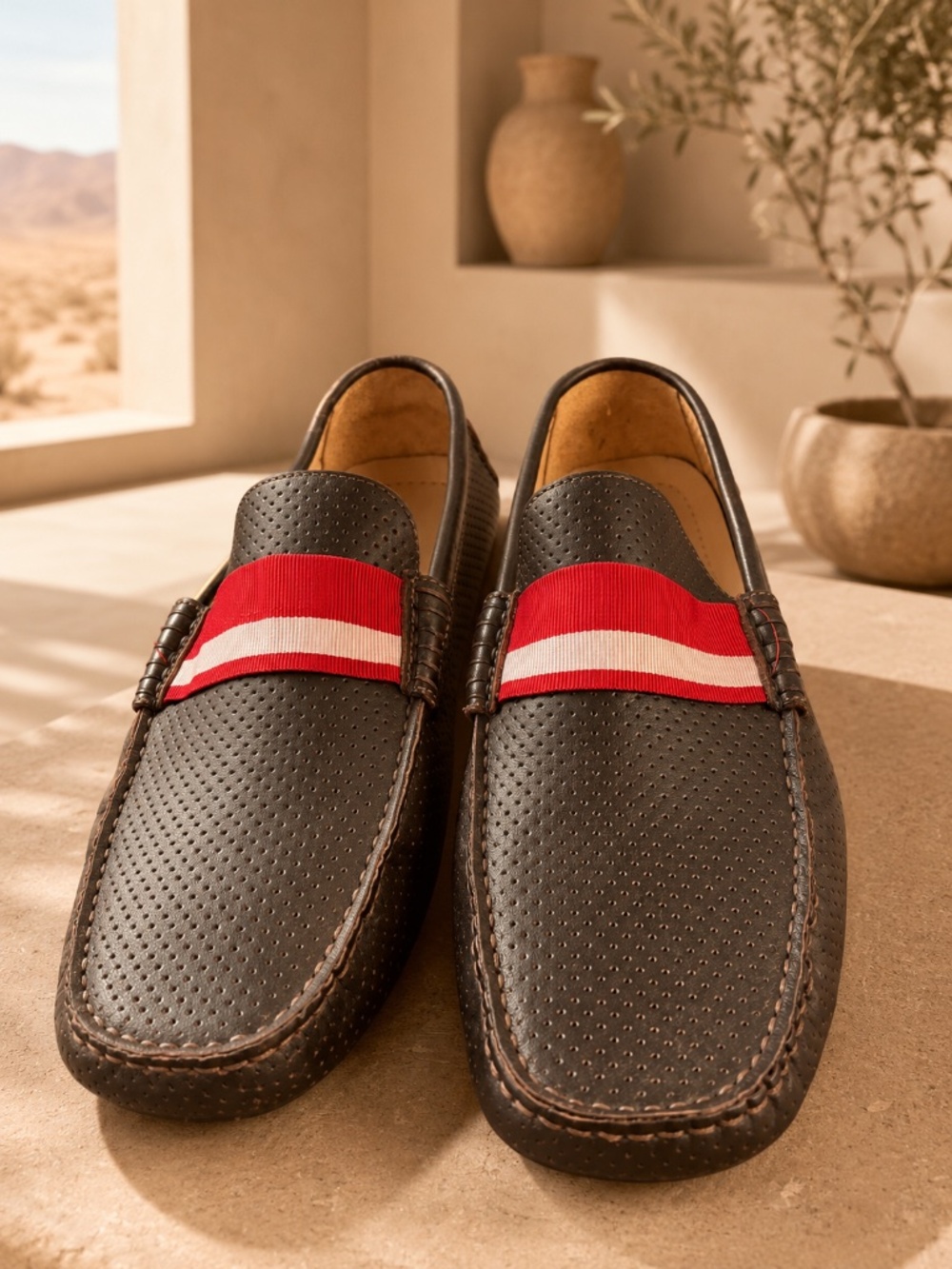 Bugatchi Dark Brown Perforated Leather Driving Loafers Men’s 11.5 Stripe